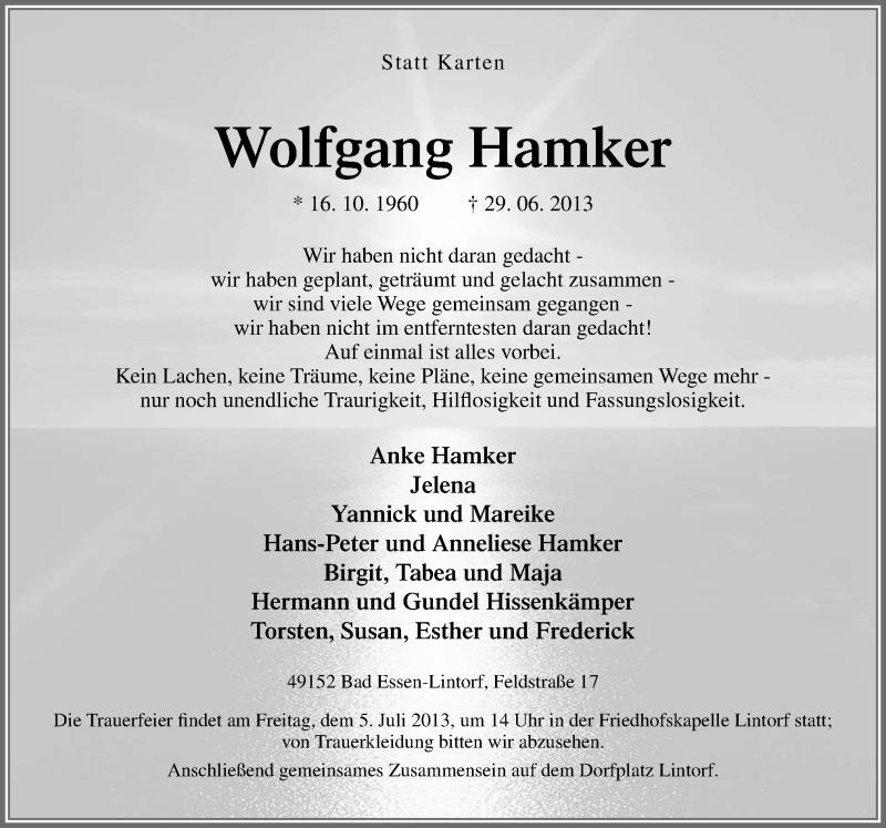  Traueranzeige für Wolfgang Hamker vom 03.07.2013 aus Neue Osnabrücker Zeitung GmbH & Co. KG