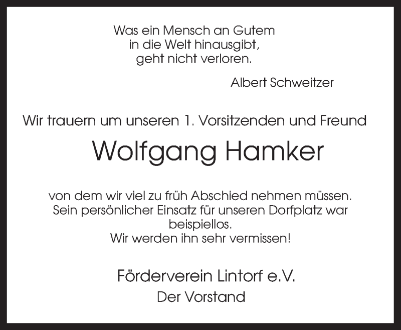  Traueranzeige für Wolfgang Hamker vom 05.07.2013 aus Neue Osnabrücker Zeitung GmbH & Co. KG