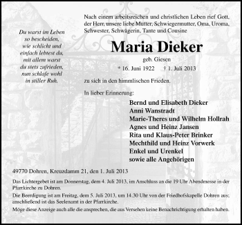 Traueranzeige von Maria Dieker von Neue Osnabrücker Zeitung GmbH & Co. KG