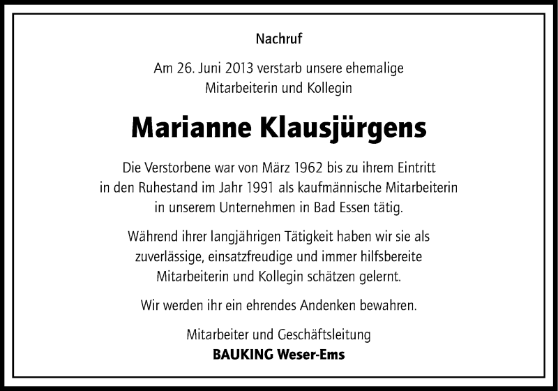  Traueranzeige für Marianne Klausjürgens vom 04.07.2013 aus Neue Osnabrücker Zeitung GmbH & Co. KG
