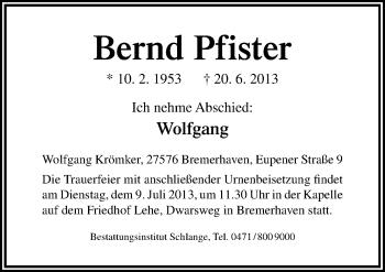Traueranzeige von Bernd Pfister von Neue Osnabrücker Zeitung GmbH & Co. KG