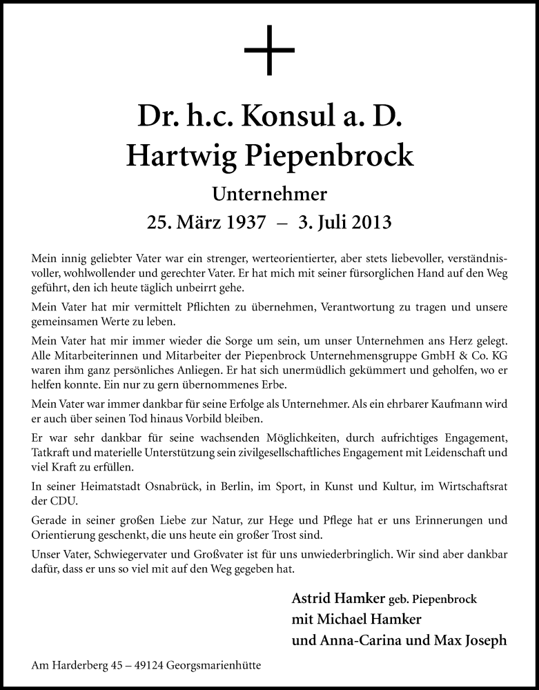  Traueranzeige für Hartwig Piepenbrock vom 05.07.2013 aus Neue Osnabrücker Zeitung GmbH & Co. KG