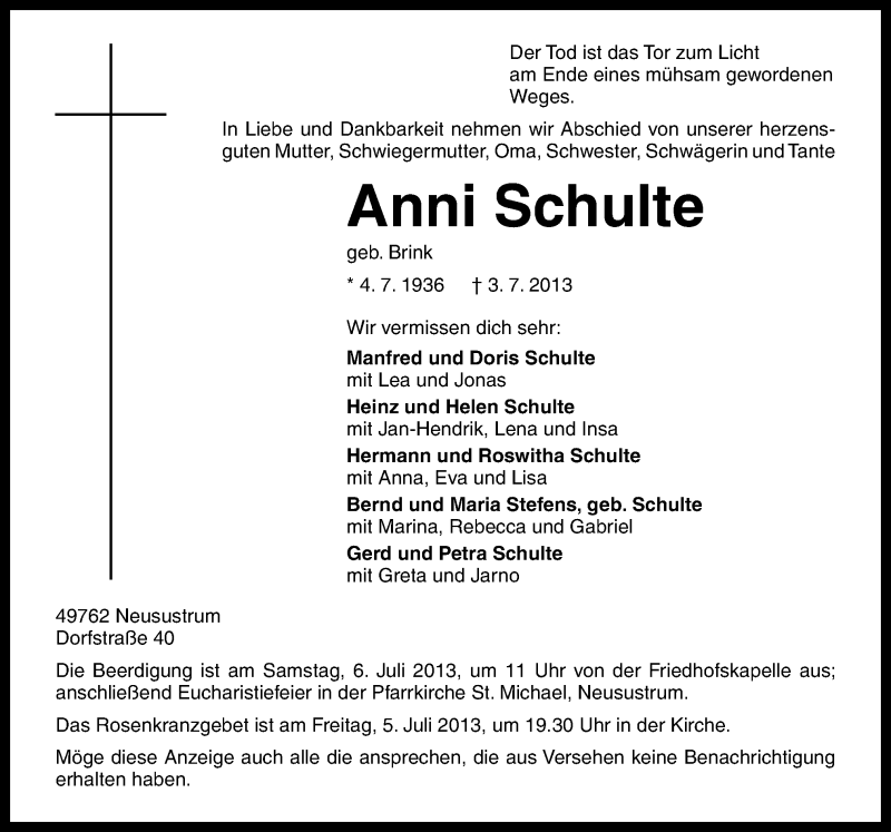  Traueranzeige für Anni Schulte vom 05.07.2013 aus Neue Osnabrücker Zeitung GmbH & Co. KG