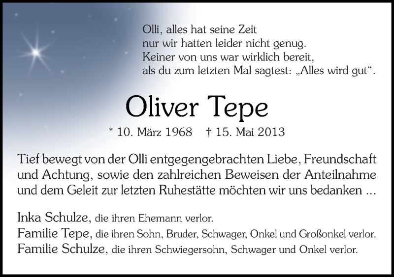  Traueranzeige für Oliver Tepe vom 13.07.2013 aus Neue Osnabrücker Zeitung GmbH & Co. KG
