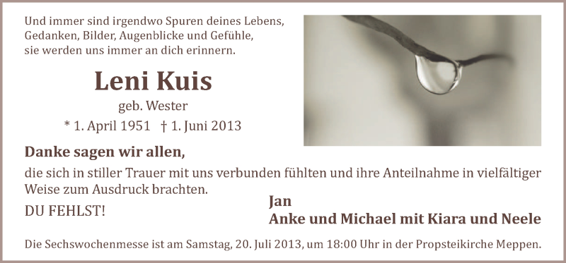  Traueranzeige für Leni Kuis vom 13.07.2013 aus Neue Osnabrücker Zeitung GmbH & Co. KG