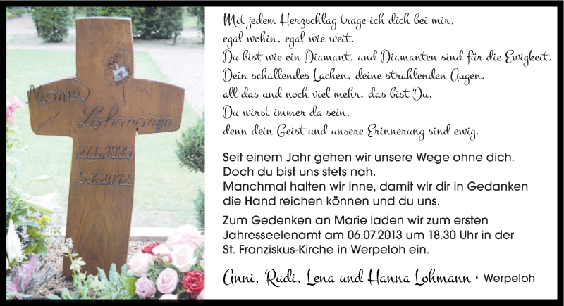  Traueranzeige für Marie Lohmann vom 06.07.2013 aus Neue Osnabrücker Zeitung GmbH & Co. KG