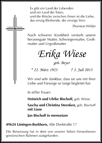 Traueranzeige von Erika Wiese von Neue Osnabrücker Zeitung GmbH & Co. KG