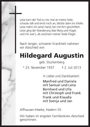 Traueranzeige von Hildegard Augustin von Neue Osnabrücker Zeitung GmbH & Co. KG