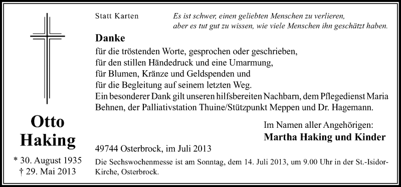  Traueranzeige für Otto Haking vom 10.07.2013 aus Neue Osnabrücker Zeitung GmbH & Co. KG