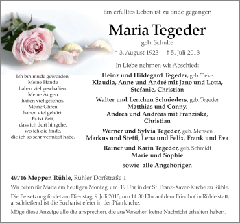 Traueranzeige von Maria Tegeder von Neue Osnabrücker Zeitung GmbH & Co. KG