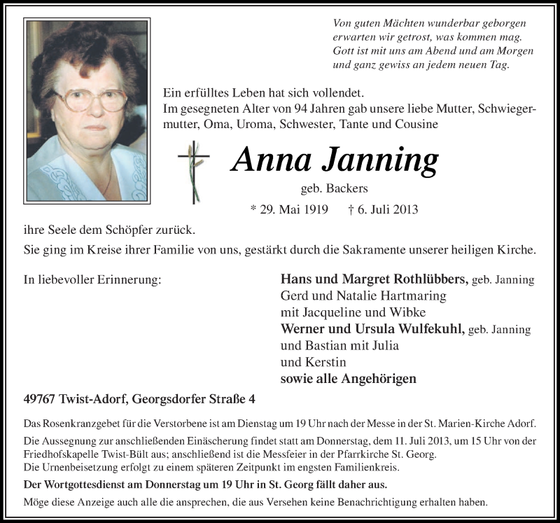  Traueranzeige für Anna Janning vom 08.07.2013 aus Neue Osnabrücker Zeitung GmbH & Co. KG