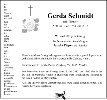 Traueranzeige von Gerda Schmidt von Neue Osnabrücker Zeitung GmbH & Co. KG