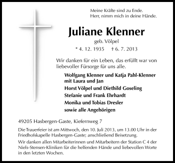 Traueranzeige von Juliane Klenner von Neue Osnabrücker Zeitung GmbH & Co. KG