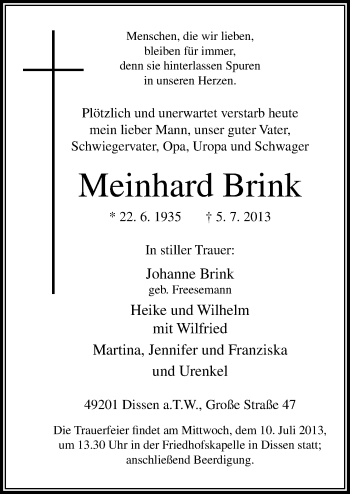 Traueranzeige von Meinhard Brink von Neue Osnabrücker Zeitung GmbH & Co. KG