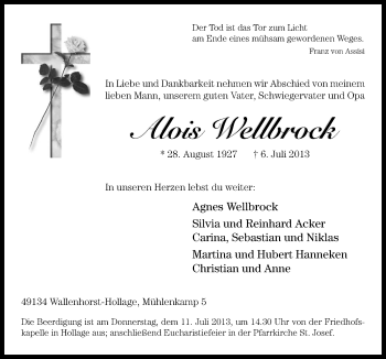 Traueranzeige von Alois Wellbrock von Neue Osnabrücker Zeitung GmbH & Co. KG