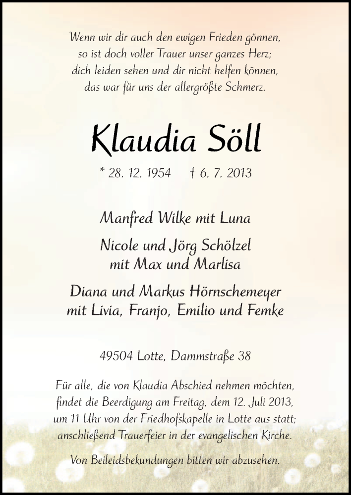  Traueranzeige für Klaudia Söll vom 09.07.2013 aus Neue Osnabrücker Zeitung GmbH & Co. KG