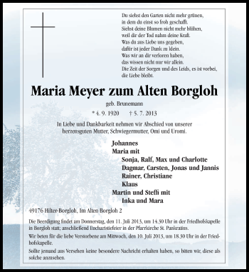 Traueranzeige von Maria Meyer zum Alten Borgloh von Neue Osnabrücker Zeitung GmbH & Co. KG
