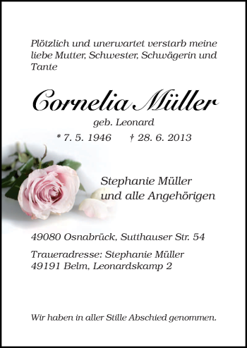 Traueranzeige von Cornelia Müller von Neue Osnabrücker Zeitung GmbH & Co. KG