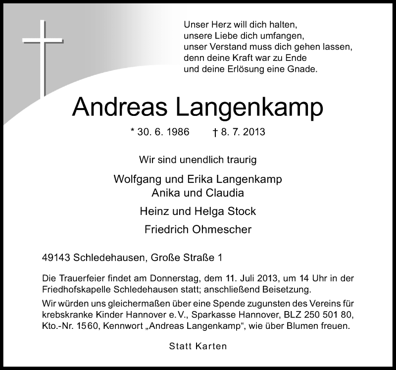  Traueranzeige für Andreas Langenkamp vom 09.07.2013 aus Neue Osnabrücker Zeitung GmbH & Co. KG