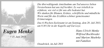 Traueranzeige von Eugen Menke von Neue Osnabrücker Zeitung GmbH & Co. KG