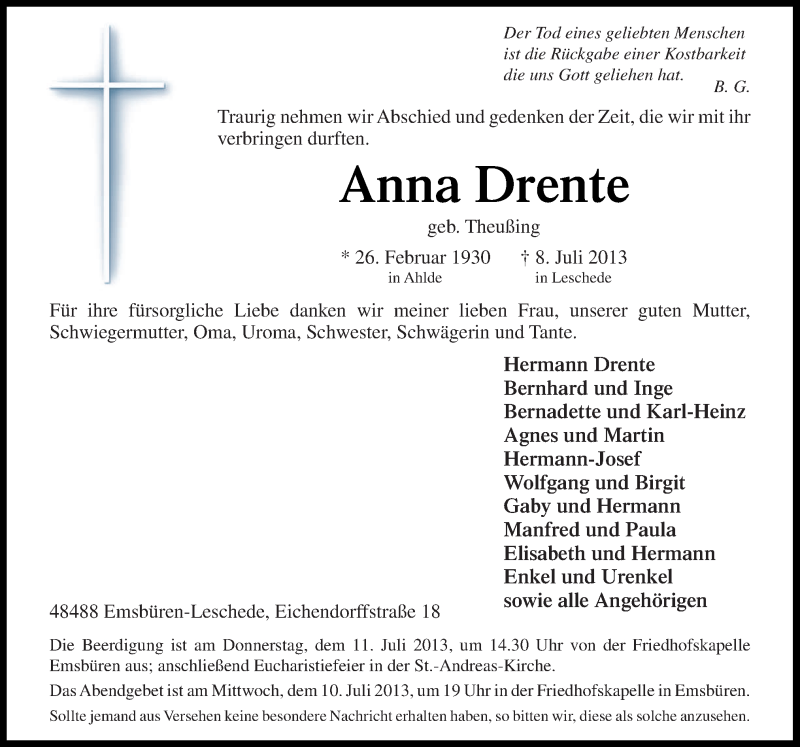 Traueranzeige für Anna Drente vom 10.07.2013 aus Neue Osnabrücker Zeitung GmbH & Co. KG
