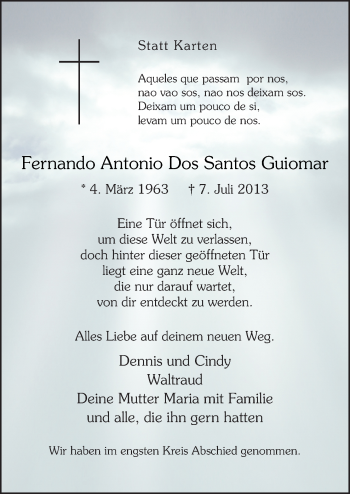 Traueranzeige von Fernando Antonio Dos Santos Guiomar von Neue Osnabrücker Zeitung GmbH & Co. KG