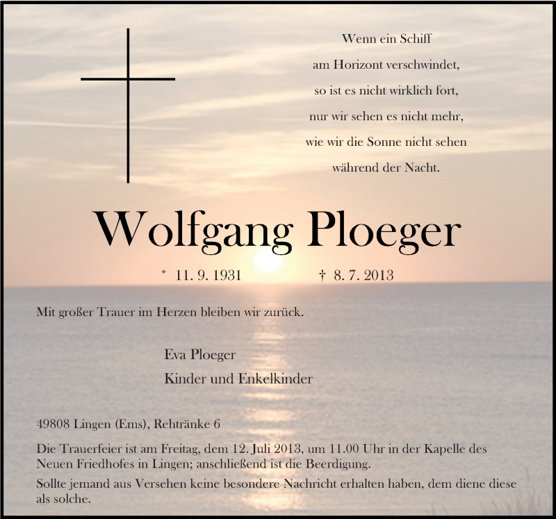  Traueranzeige für Wolfgang Ploeger vom 10.07.2013 aus Neue Osnabrücker Zeitung GmbH & Co. KG