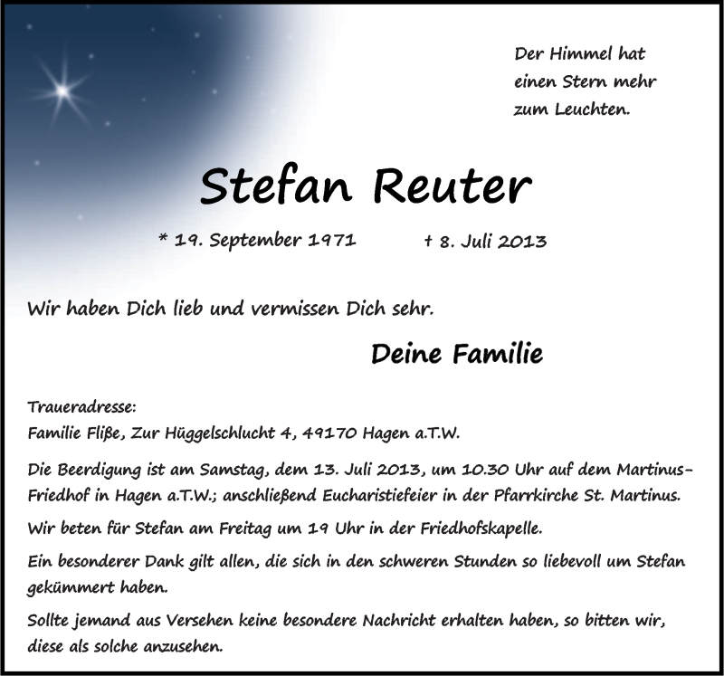  Traueranzeige für Stefan Reuter vom 10.07.2013 aus Neue Osnabrücker Zeitung GmbH & Co. KG