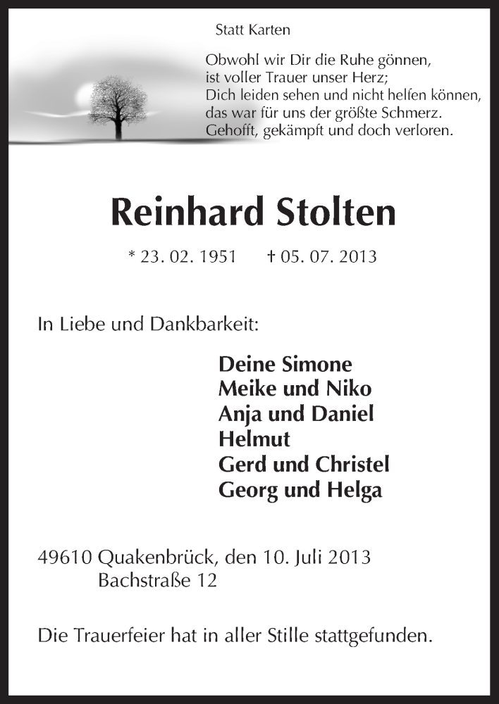  Traueranzeige für Reinhard Stolten vom 11.07.2013 aus Neue Osnabrücker Zeitung GmbH & Co. KG