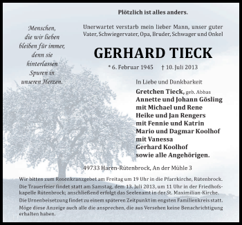 Traueranzeige von Gerhard Tieck von Neue Osnabrücker Zeitung GmbH & Co. KG