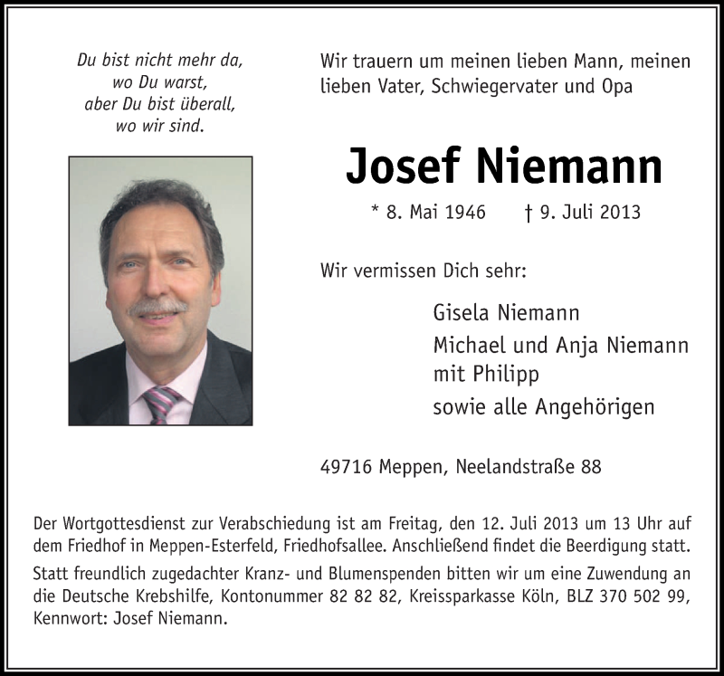  Traueranzeige für Josef Niemann vom 11.07.2013 aus Neue Osnabrücker Zeitung GmbH & Co. KG