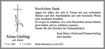 Traueranzeige von Alma Gerling von Neue Osnabrücker Zeitung GmbH & Co. KG