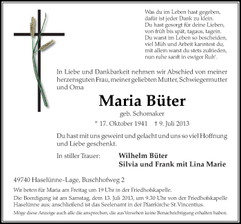 Traueranzeige von Maria Büter von Neue Osnabrücker Zeitung GmbH & Co. KG