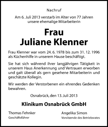 Traueranzeige von Juliane Klenner von Neue Osnabrücker Zeitung GmbH & Co. KG