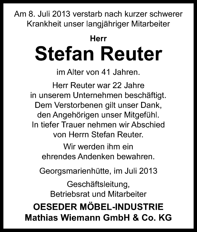  Traueranzeige für Stefan Reuter vom 11.07.2013 aus Neue Osnabrücker Zeitung GmbH & Co. KG