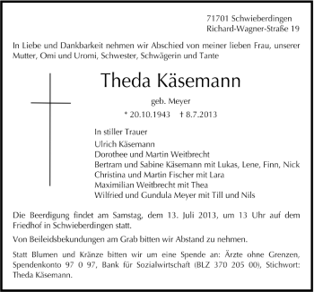 Traueranzeige von Theda Käsemann von Neue Osnabrücker Zeitung GmbH & Co. KG