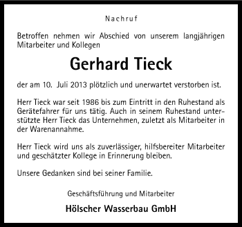 Traueranzeige von Gerhard Tieck von Neue Osnabrücker Zeitung GmbH & Co. KG