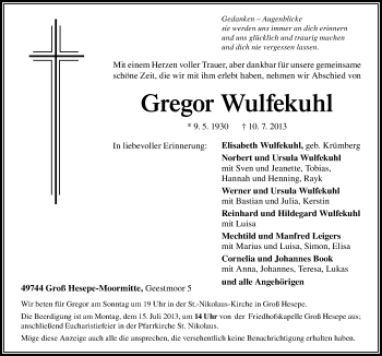 Traueranzeige von Gregor Wulfekuhl von Neue Osnabrücker Zeitung GmbH & Co. KG