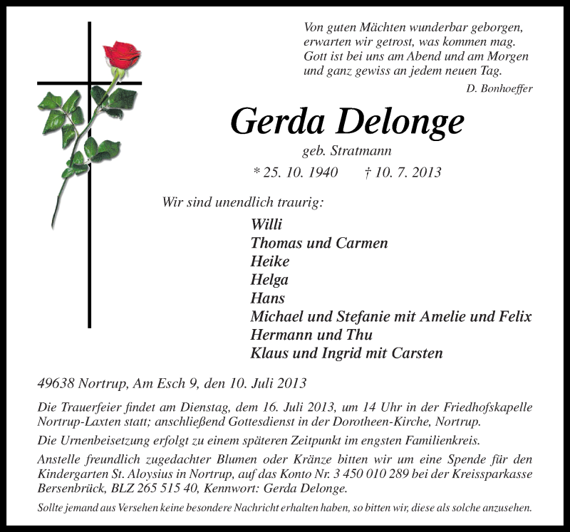  Traueranzeige für Gerda Delonge vom 13.07.2013 aus Neue Osnabrücker Zeitung GmbH & Co. KG