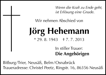 Traueranzeige von Jörg Hehemann von Neue Osnabrücker Zeitung GmbH & Co. KG