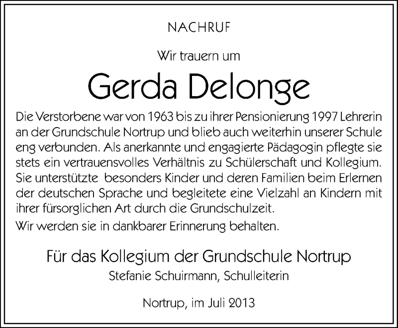 Traueranzeige für Gerda Delonge vom 15.07.2013 aus Neue Osnabrücker Zeitung GmbH & Co. KG