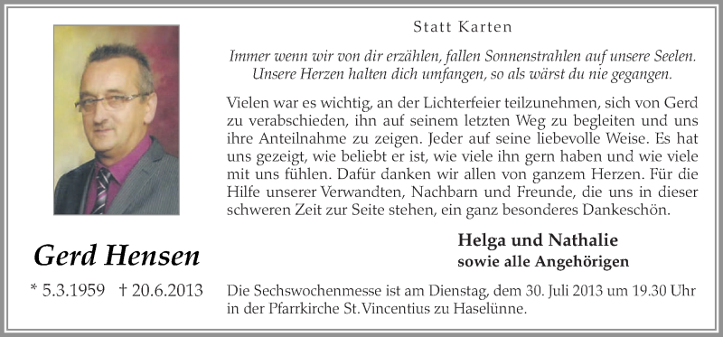  Traueranzeige für Gerd Hensen vom 27.07.2013 aus Neue Osnabrücker Zeitung GmbH & Co. KG