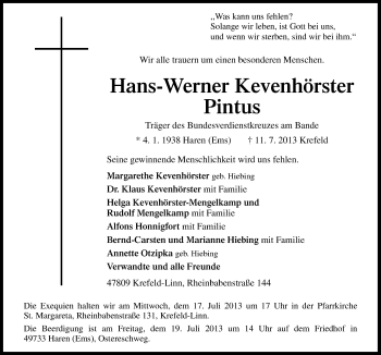 Traueranzeige von Hans-Werner Kevenhörster von Neue Osnabrücker Zeitung GmbH & Co. KG