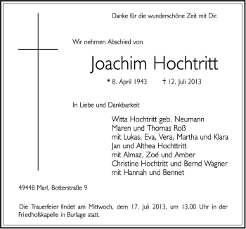 Traueranzeige von Joachim Hochtritt von Neue Osnabrücker Zeitung GmbH & Co. KG