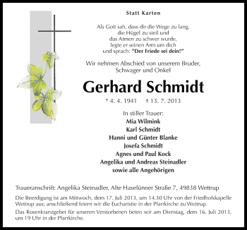 Traueranzeige von Gerhard Schmidt von Neue Osnabrücker Zeitung GmbH & Co. KG