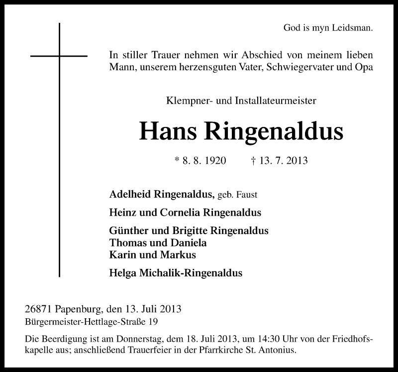  Traueranzeige für Hans Ringenaldus vom 15.07.2013 aus Neue Osnabrücker Zeitung GmbH & Co. KG