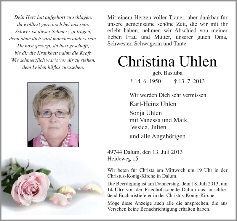  Traueranzeige für Christina Uhlen vom 16.07.2013 aus Neue Osnabrücker Zeitung GmbH & Co. KG