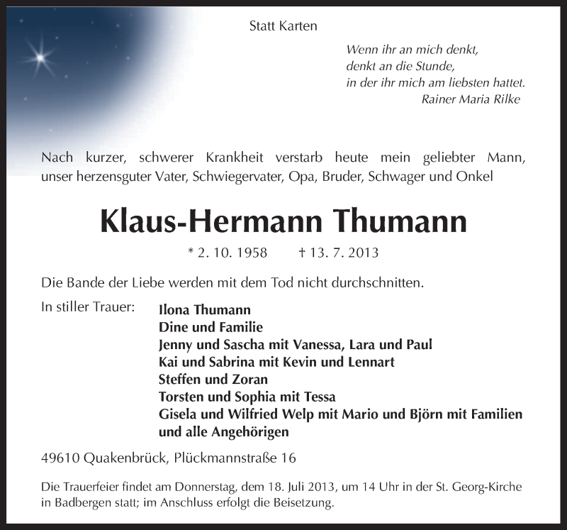  Traueranzeige für Klaus-Hermann Thumann vom 16.07.2013 aus Neue Osnabrücker Zeitung GmbH & Co. KG