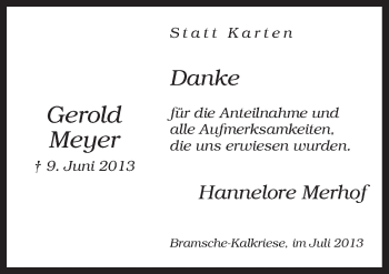 Traueranzeige von Gerold Meyer von Neue Osnabrücker Zeitung GmbH & Co. KG