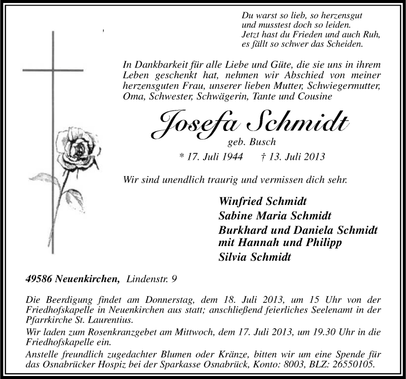  Traueranzeige für Josefa Schmidt vom 16.07.2013 aus Neue Osnabrücker Zeitung GmbH & Co. KG